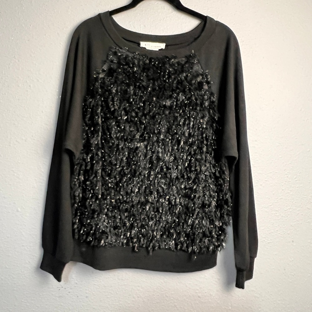 NITT by Flying Tomato Black Faux Fur Feather Tinsel Sweatshirt Whimsigoth‎